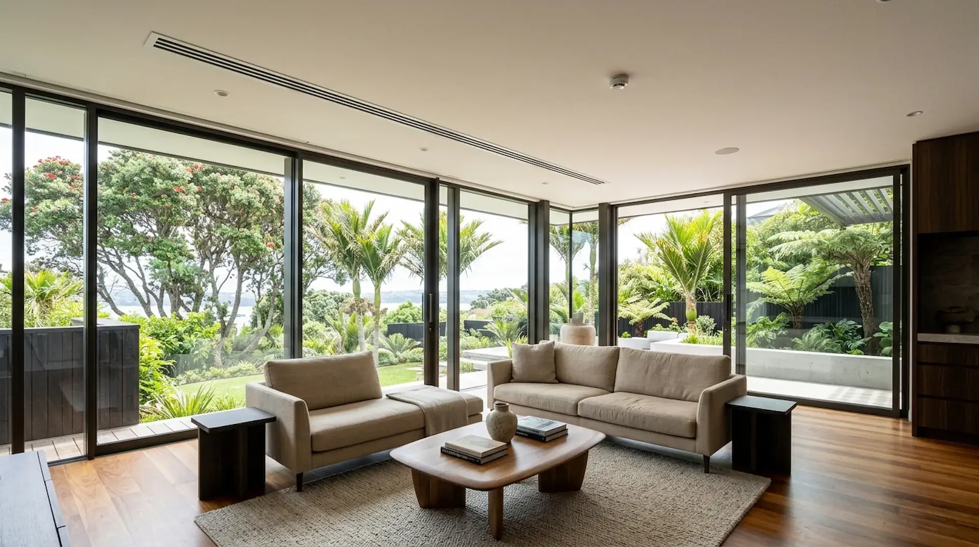 Central ducted heat pump system with linear ceiling diffuser in an Auckland home