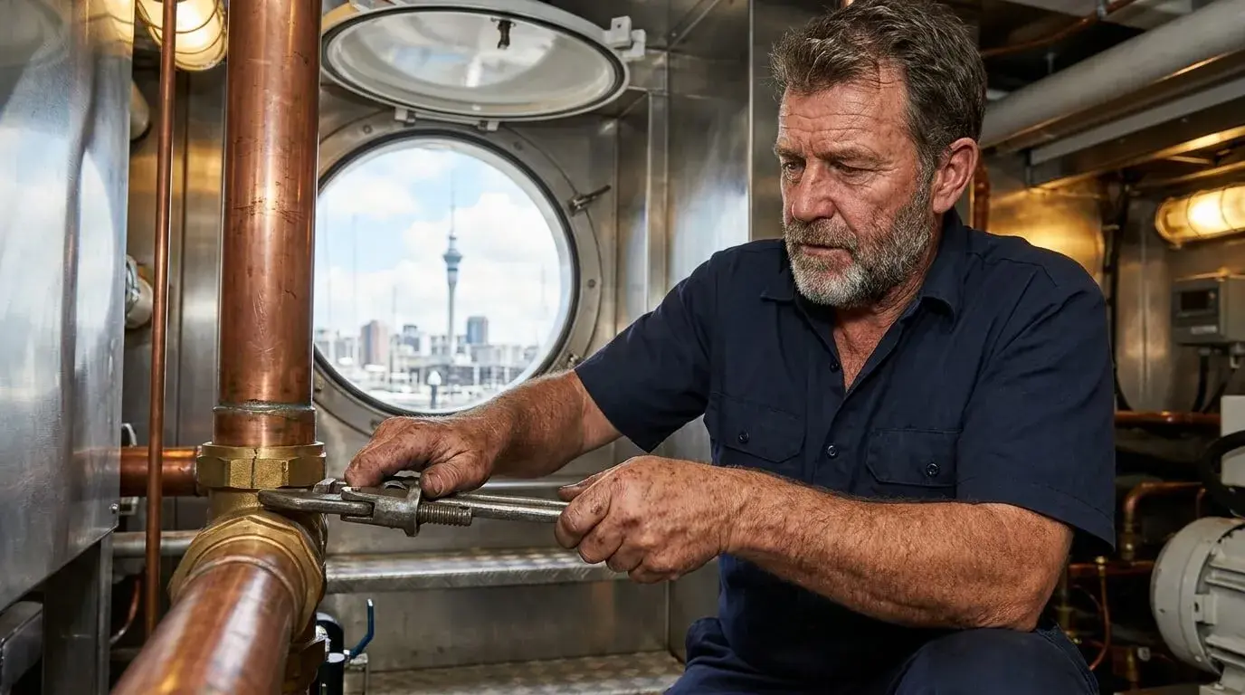 Qualified marine engineer Dee servicing a superyacht chilled water AC plant at Auckland Silo Park Marina