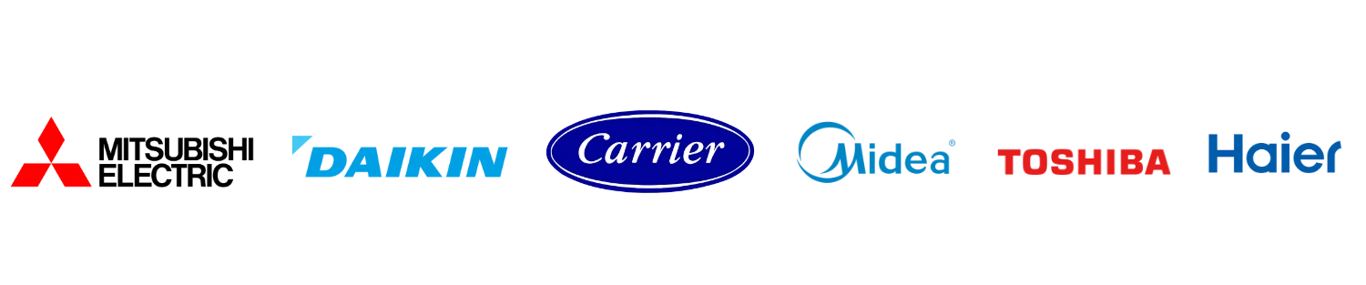 Authorised partner brands for DJR Refrigeration including Daikin, Mitsubishi Electric, Carrier, Midea, Toshiba, and Haier heat pumps and air conditioning.